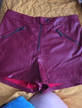 Guess Women's Burgundy High-Waist Faux Leather Zip Shorts